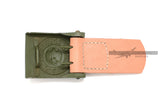backside of germen army buckle with tan leather tab